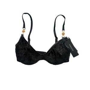 Versace‎ Black Croc Velvet Tulle Medusa Biggie Underwire Bra 1012274 Size 1D NWT
